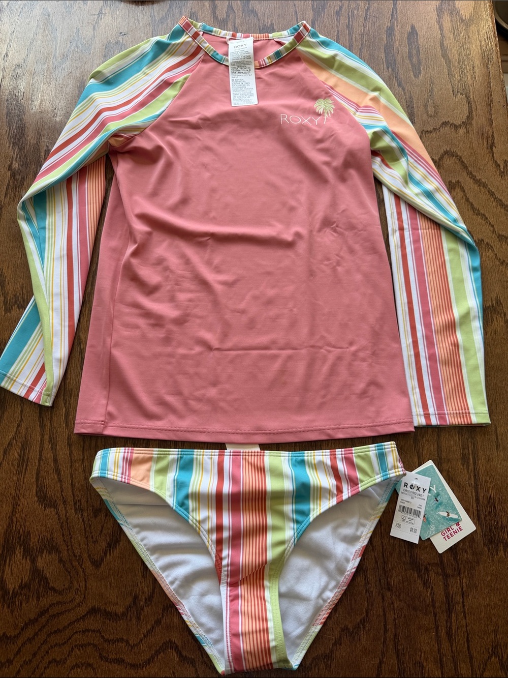 Roxy Girls' Coral Pink Long-Sleeve Rashguard Set with Multicolor Stripe Sleeves
